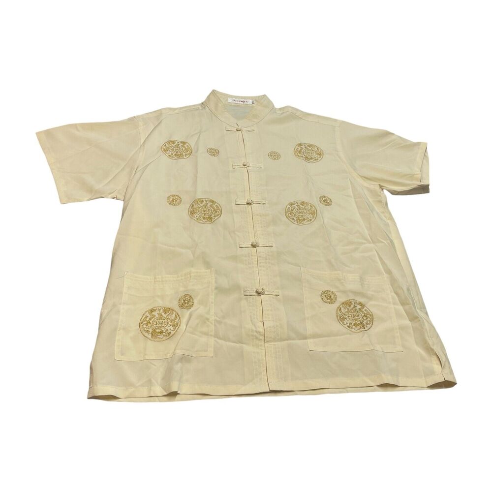 Yibo Tengfei Tang Shirt Men's 43 Regular Beige Short Sleeve Classic Formal - Picture 1 of 8
